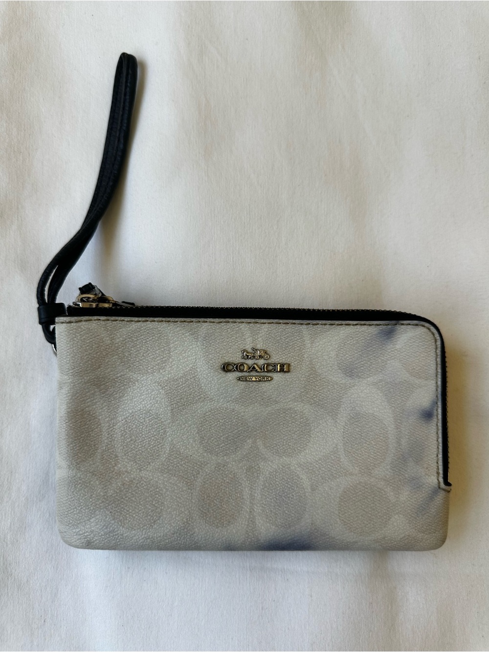 COACH Signature Double Zip Wristlet Wallet Blue White Leather Canvas Logo